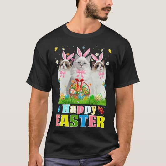イースターエッグバスケットの3匹のウサギラグドール猫 イースター Tシャツ (正面)