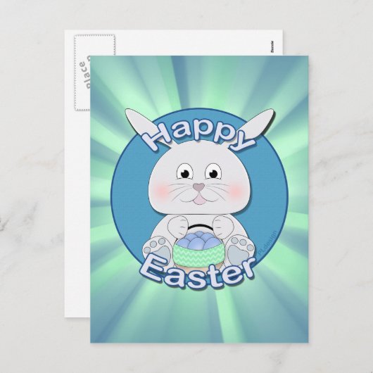 イースターエッグバスケット付き可愛いブルーバニーボーイ シーズンポストカード (正面/裏面)
