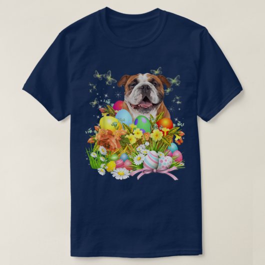 イースターエッグバスケット付き英国のブルドッグバニー犬 Tシャツ (デザイン正面)