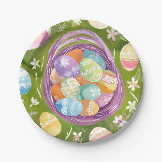 イースターエッグバスケット | 春パステルウォーターカラー ペーパープレート (正面)
