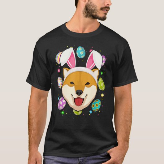 イースターエッグバニーイヤー柴犬ドッグ顔イースタースー Tシャツ (正面)