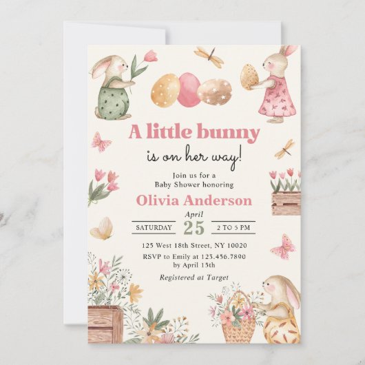 イースターエッグバニーベビーガールシャワー 招待状 (正面)