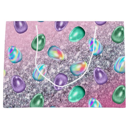 イースターエッグピンクパープル絞り染めグリッターグラム ラージペーパーバッグ (正面)