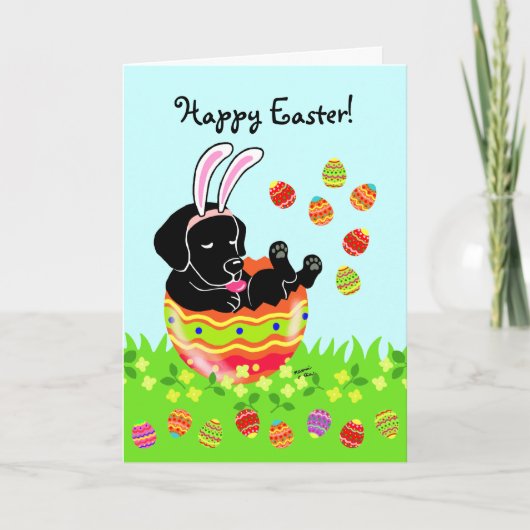 イースターエッグブラックラブラドール子犬の漫画 シーズンカード (正面)