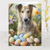 イースターエッグホリデーとウルフハウンドッグ カード (黄色い花)