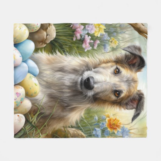 イースターエッグホリデーとウルフハウンドッグ フリースブランケット (正面(横))