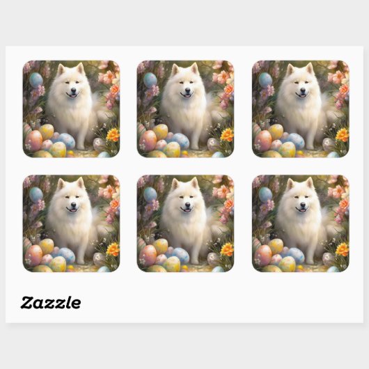 イースターエッグホリデーとサモエードドッグ スクエアシール (シート)