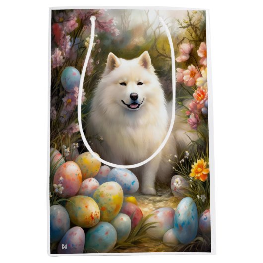 イースターエッグホリデーとサモエードドッグ ミディアムペーパーバッグ (正面)