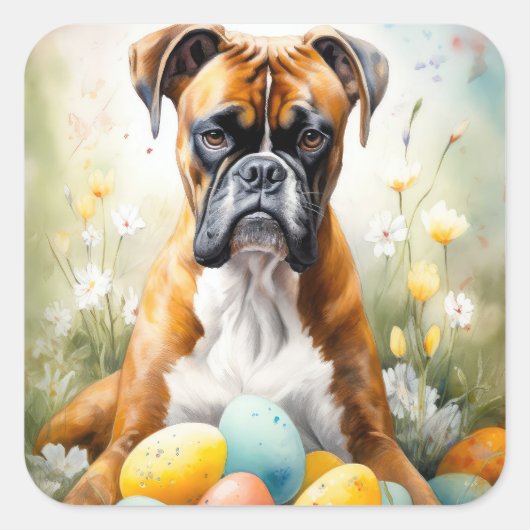 イースターエッグホリデーのあるボクサードッグ スクエアシール (正面)