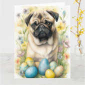 イースターエッグホリデー付きパグドッグ カード (黄色い花)