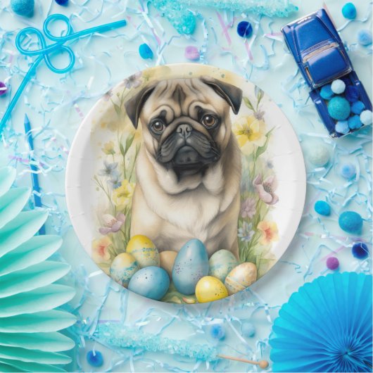 イースターエッグホリデー付きパグドッグ ペーパープレート (パーティー)