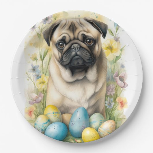 イースターエッグホリデー付きパグドッグ ペーパープレート (正面)