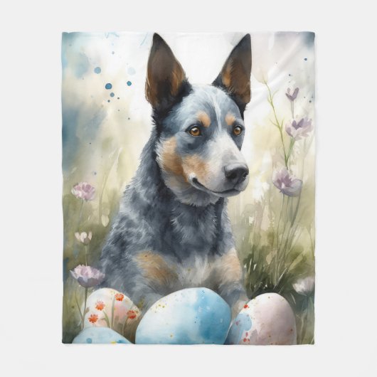 イースターエッグホリデー付きブルーヒーラー犬 フリースブランケット (正面)