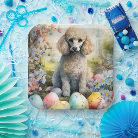 イースターエッグホリデー付きプードル犬 ペーパープレート (パーティー)
