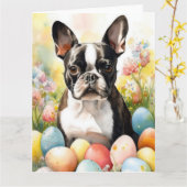 イースターエッグホリデー付きボストンテリア犬 カード (黄色い花)