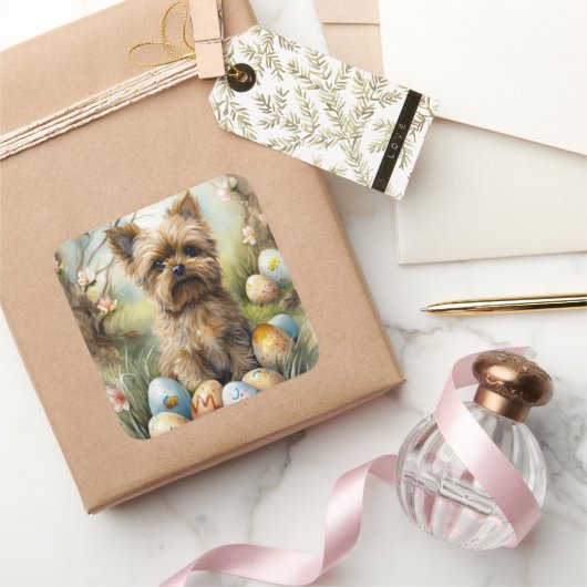 イースターエッグホリデー付きヨーキプー犬 スクエアシール (ギフト)