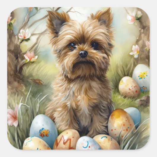 イースターエッグホリデー付きヨーキプー犬 スクエアシール (正面)