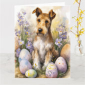 イースターエッグホリデー付きWirefox Terrier Dog カード (黄色い花)