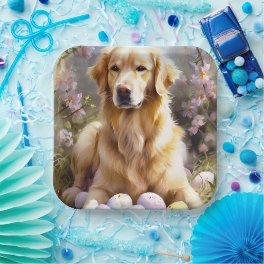イースターエッグ付きゴールデンレトリバー ペーパープレート (パーティー)