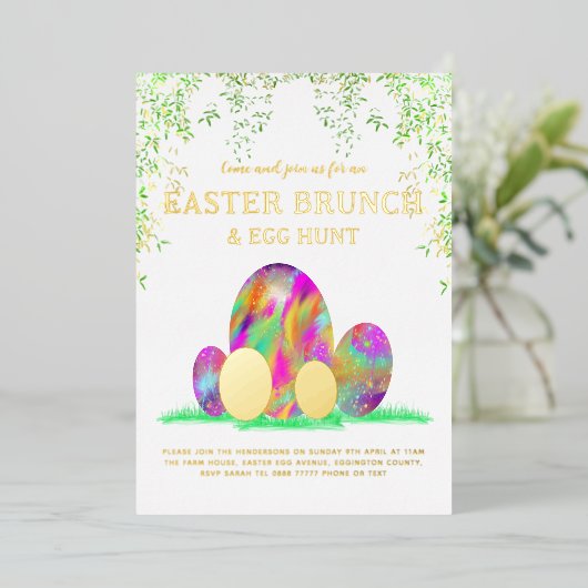 イースターエッグ狩りとブランチ水カラー金ゴールド 箔招待状 (立ち正面)
