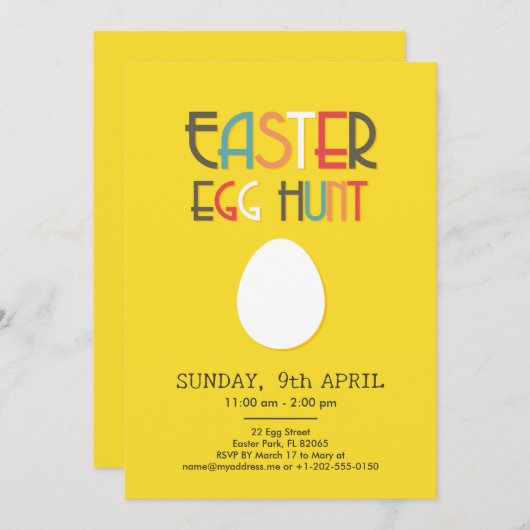 イースターエッグ狩りイエロー招待状とカスタム文字 招待状 (正面/裏面)