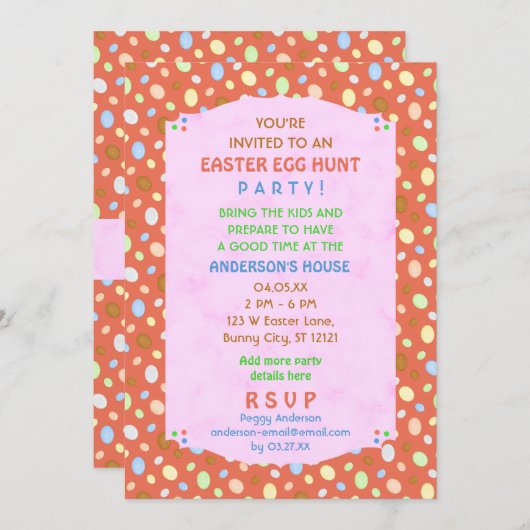イースターエッグ狩りパーティーエレガントレトロコーラルピンク 招待状 (正面/裏面)