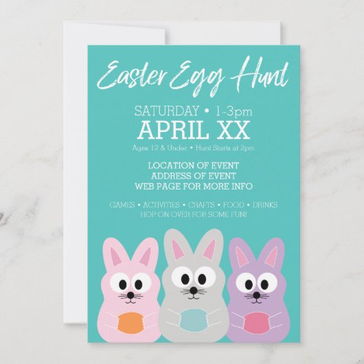 イースターエッグ狩り広告 – かわいいバニーウサギ 招待状 (正面)