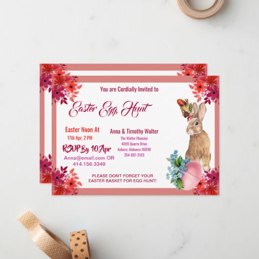 イースターエッグ狩り水カラーフローラバニー招待状 ノートカード (正面/裏面インサイチュ)