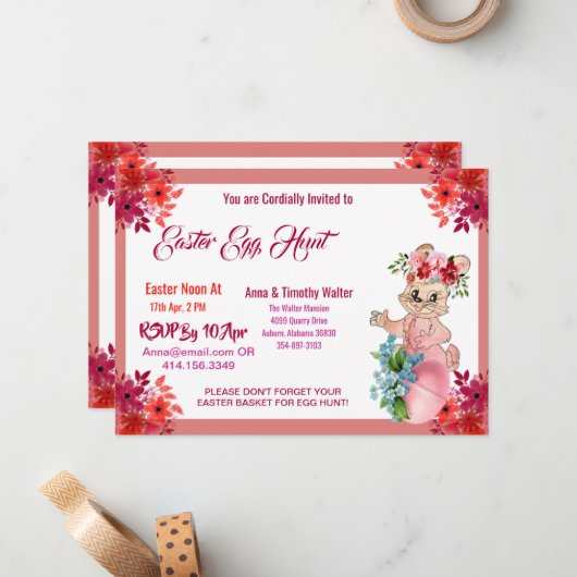 イースターエッグ狩り水彩フローラバニーキッド招待状 ノートカード (正面/裏面インサイチュ)