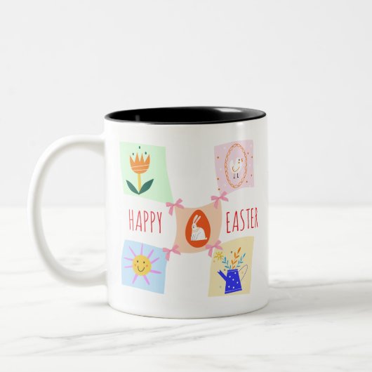 イースターエッグ狩り波状チェッカーボードバニーブランチ ツートーンマグカップ (左)