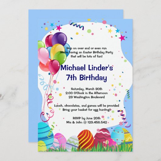 イースターエッグ狩り誕生パーティーブルー 招待状 (正面/裏面)