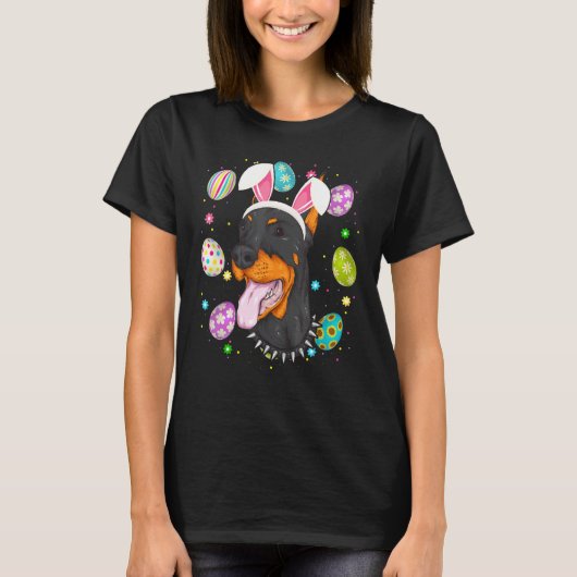 イースターエッグ うさぎの耳 ドーベルマン 犬の顔 イースターの太陽 Tシャツ (正面)