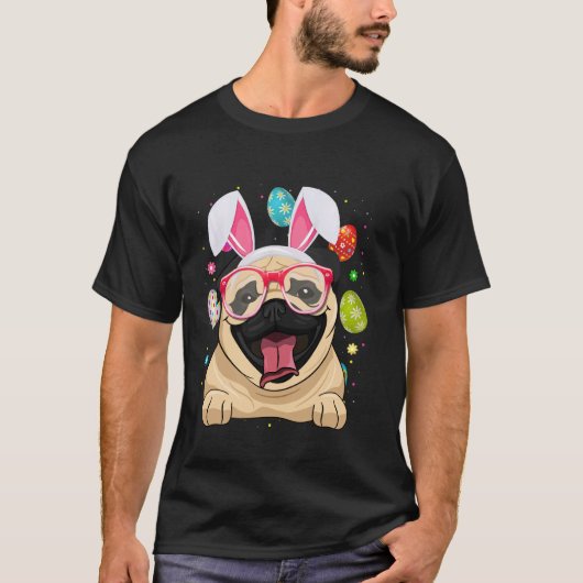イースターエッグ イースター うさぎ パグ 顔 かわいい Tシャツ (正面)