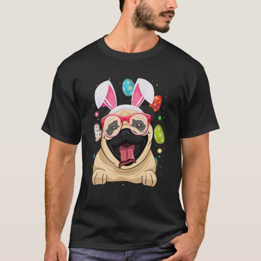 イースターエッグ イースター おしゃれ うさぎ パグ 犬 フェイス Tシャツ (正面)