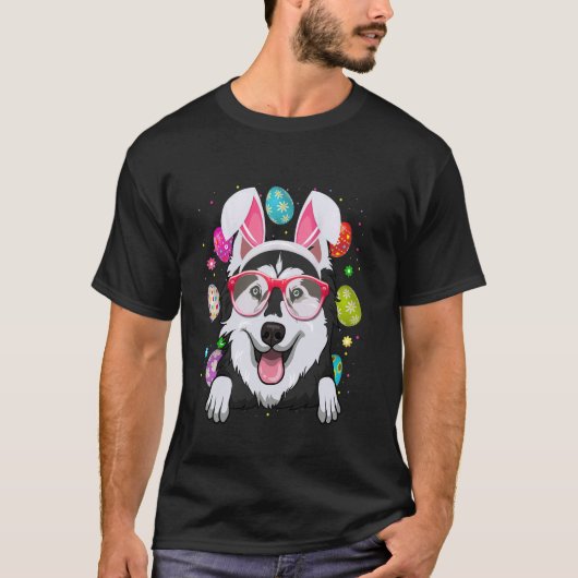 イースターエッグ イースター かわいい ウサギ ハスキー 犬の顔 面白い Tシャツ (正面)