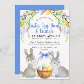 イースターエッグ、ブンニー、春の花ブルーブランチ 招待状 (正面/裏面)