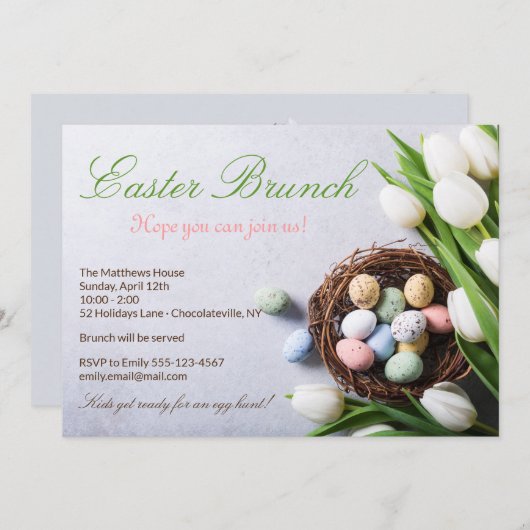 イースターエレガントブランチフローラチューリップ卵 招待状 (正面/裏面)