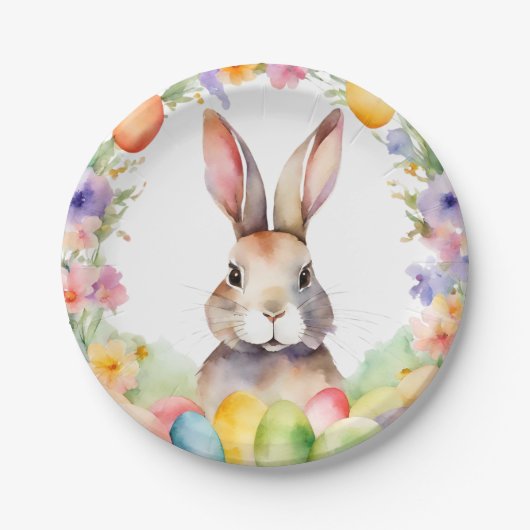 イースターエレガントブランチ水カラーフローラバニー ペーパープレート (正面)