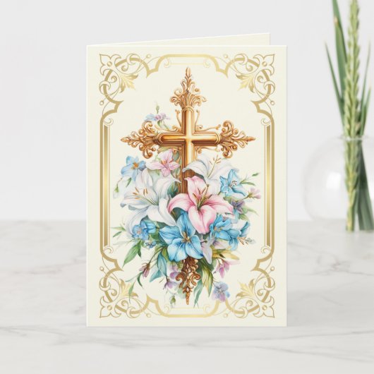 イースターエレガント宗教的な金ゴールドはユリを渡る。 シーズンカード (正面)