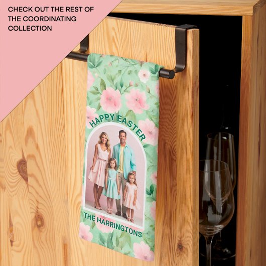 イースターカスタムフォトパステルピンク&グリーン花模様 キッチンタオル