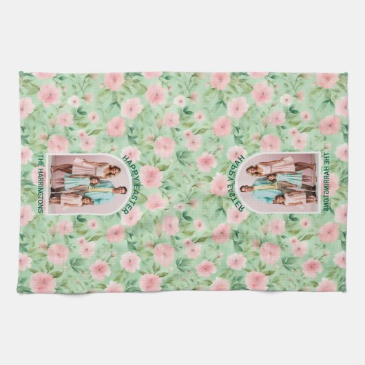 イースターカスタムフォトパステルピンク&グリーン花模様 キッチンタオル (横)