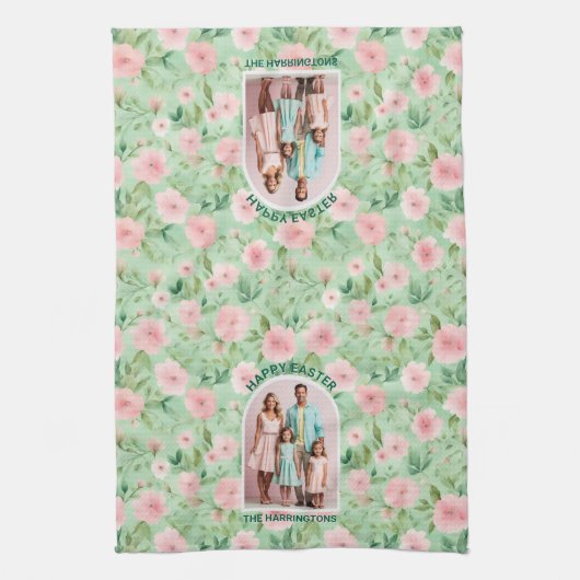 イースターカスタムフォトパステルピンク&グリーン花模様 キッチンタオル (縦)