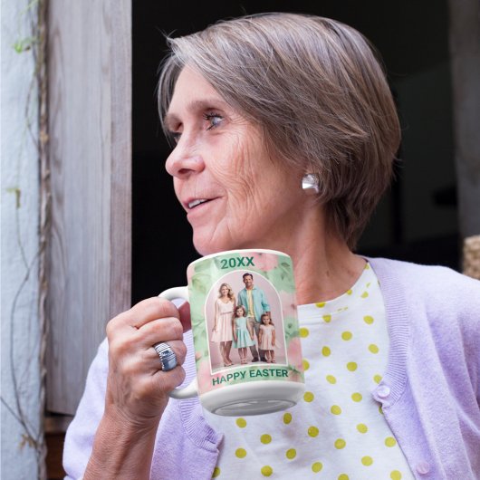 イースターカスタムフォトパステルピンク&グリーン花模様 コーヒーマグカップ