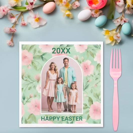 イースターカスタムフォトパステルピンク&グリーン花模様 スタンダードランチョンナプキン