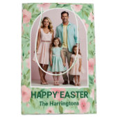 イースターカスタムフォトパステルピンク&グリーン花模様 ミディアムペーパーバッグ (正面)