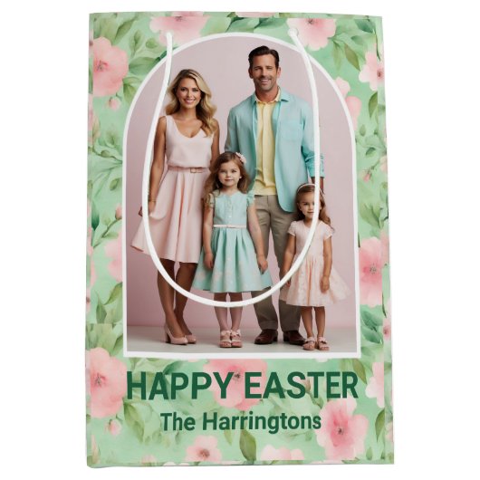 イースターカスタムフォトパステルピンク&グリーン花模様 ミディアムペーパーバッグ (正面)