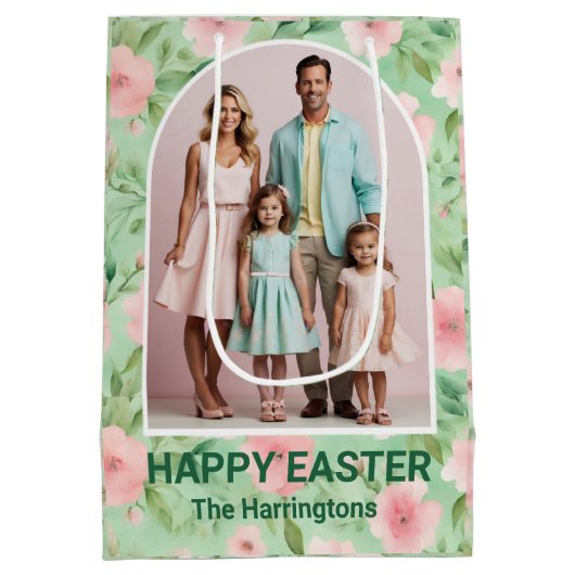 イースターカスタムフォトパステルピンク&グリーン花模様 ミディアムペーパーバッグ (裏面)