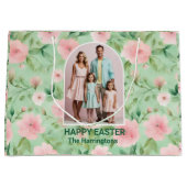 イースターカスタムフォトパステルピンク&グリーン花模様 ラージペーパーバッグ (正面)