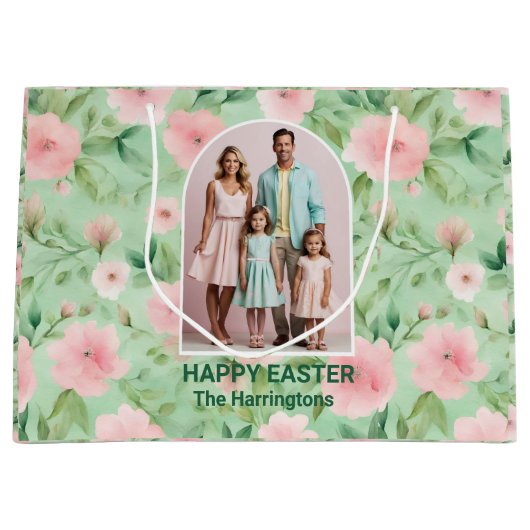 イースターカスタムフォトパステルピンク&グリーン花模様 ラージペーパーバッグ (正面)
