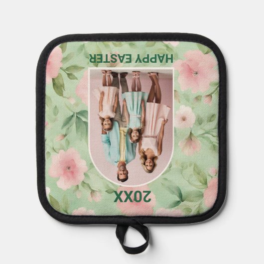 イースターカスタムフォトパステルピンク&グリーン花模様 鍋敷き (正面)